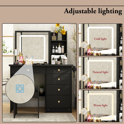 Famapy Vanity Desk Set Makeup Table with Large Sliding Lighted Mirror, Dressing Table with 5 Drawers, Storage Shelves & Cushioned Stool for