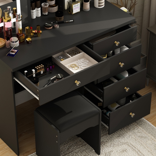 Famapy Vanity Desk Set Makeup Table with Large Sliding Lighted Mirror, Dressing Table with 5 Drawers, Storage Shelves & Cushioned Stool for