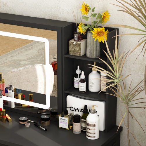 Famapy Vanity Desk Set Makeup Table with Large Sliding Lighted Mirror, Dressing Table with 5 Drawers, Storage Shelves & Cushioned Stool for