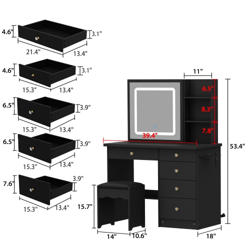 Famapy Vanity Desk Set Makeup Table with Large Sliding Lighted Mirror, Dressing Table with 5 Drawers, Storage Shelves & Cushioned Stool for