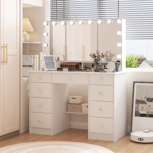 Famapy Vanity Desk Set Makeup Table with Large Three-color Illuminated Mirror, Dressing Table with 9 Drawers, Storage Shelves for Bedroom(43.3" W x