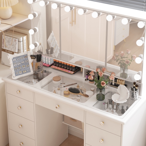 Famapy Vanity Desk Set Makeup Table with Large Three-color Illuminated Mirror, Dressing Table with 9 Drawers, Storage Shelves for Bedroom(43.3" W x