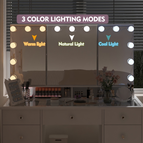 Famapy Vanity Desk Set Makeup Table with Large Three-color Illuminated Mirror, Dressing Table with 9 Drawers, Storage Shelves for Bedroom(43.3" W x