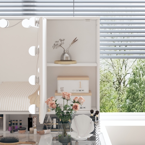 Famapy Vanity Desk Set Makeup Table with Large Three-color Illuminated Mirror, Dressing Table with 9 Drawers, Storage Shelves for Bedroom(43.3" W x