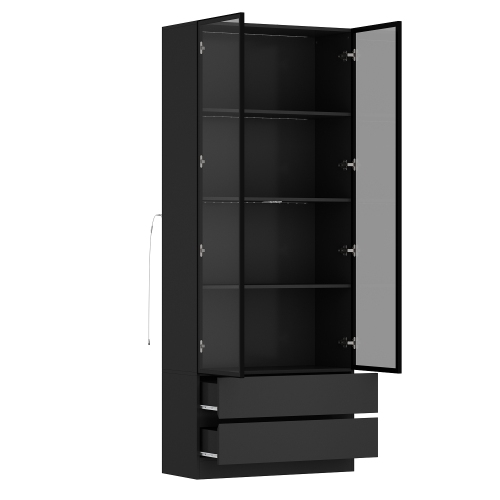 FAMAPY  Modern Display Cabinet With Glass Doors, Adjustable Shelves, And Storage Drawers (31.5" W X 14.2" D X 78.7" H) In Black