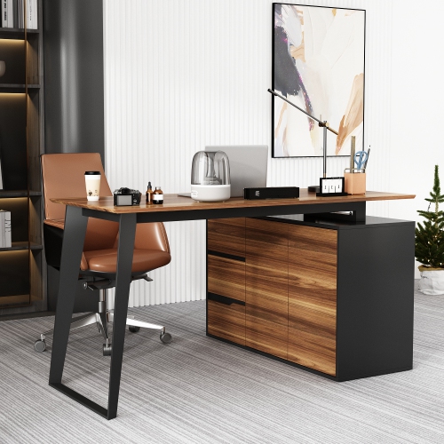 Famapy L-Shaped Executive Desk with Storage Drawers and Shelving - Modern Office Desk with Black Steel Frame Walnut