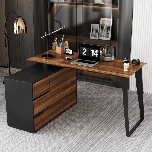 Famapy L-Shaped Executive Desk with Storage Drawers and Shelving - Modern Office Desk with Black Steel Frame Walnut