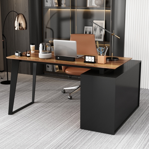 Famapy L-Shaped Executive Desk with Storage Drawers and Shelving - Modern Office Desk with Black Steel Frame Walnut