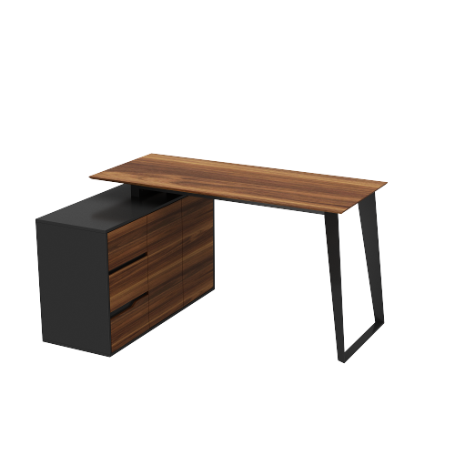 Famapy L-Shaped Executive Desk with Storage Drawers and Shelving - Modern Office Desk with Black Steel Frame Walnut