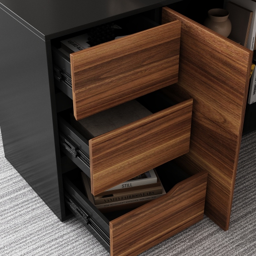 Famapy L-Shaped Executive Desk with Storage Drawers and Shelving - Modern Office Desk with Black Steel Frame Walnut