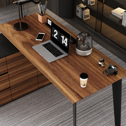 Famapy L-Shaped Executive Desk with Storage Drawers and Shelving - Modern Office Desk with Black Steel Frame Walnut