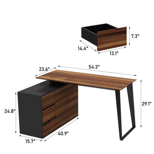 Famapy L-Shaped Executive Desk with Storage Drawers and Shelving - Modern Office Desk with Black Steel Frame Walnut