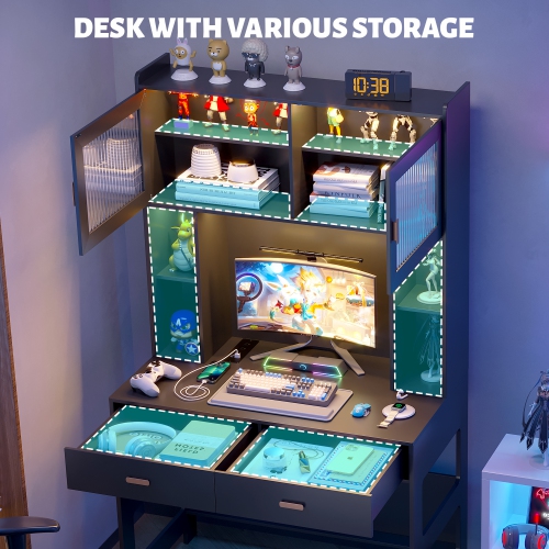 Vlsrka Home Office Desk with Hutch, Modern Computer Gaming Desk with LED Lights & Power Outlets, Black Study Table with Storage Shelves, Teen Writing