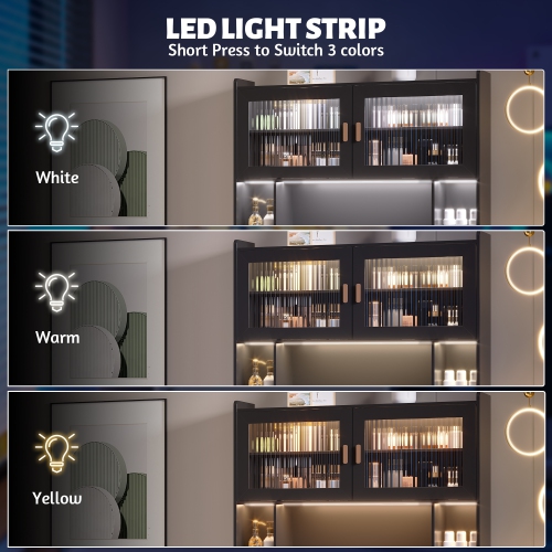 Vlsrka Home Office Desk with Hutch, Modern Computer Gaming Desk with LED Lights & Power Outlets, Black Study Table with Storage Shelves, Teen Writing