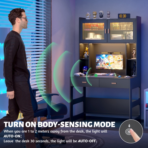 Vlsrka Home Office Desk with Hutch, Modern Computer Gaming Desk with LED Lights & Power Outlets, Black Study Table with Storage Shelves, Teen Writing