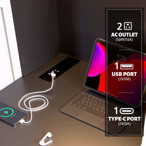 Vlsrka Home Office Desk with Hutch, Modern Computer Gaming Desk with LED Lights & Power Outlets, Black Study Table with Storage Shelves, Teen Writing