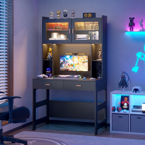 Vlsrka Home Office Desk with Hutch, Modern Computer Gaming Desk with LED Lights & Power Outlets, Black Study Table with Storage Shelves, Teen Writing