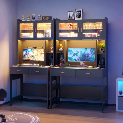 Vlsrka Home Office Desk with Hutch, Modern Computer Gaming Desk with LED Lights & Power Outlets, Black Study Table with Storage Shelves, Teen Writing