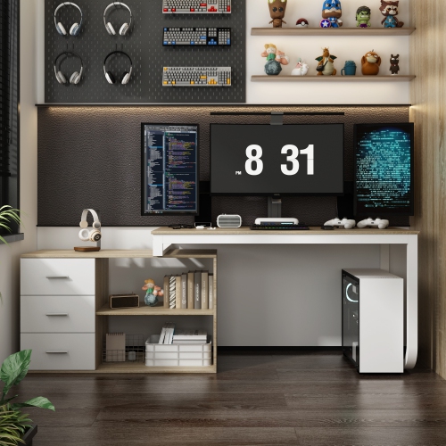 Famapy L-Shaped Office Desk with Storage Shelves & Drawers, Modern Computer Desk with Open Shelving for Home Office, White and Oak