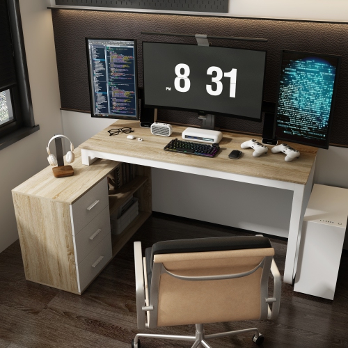 Famapy L-Shaped Office Desk with Storage Shelves & Drawers, Modern Computer Desk with Open Shelving for Home Office, White and Oak