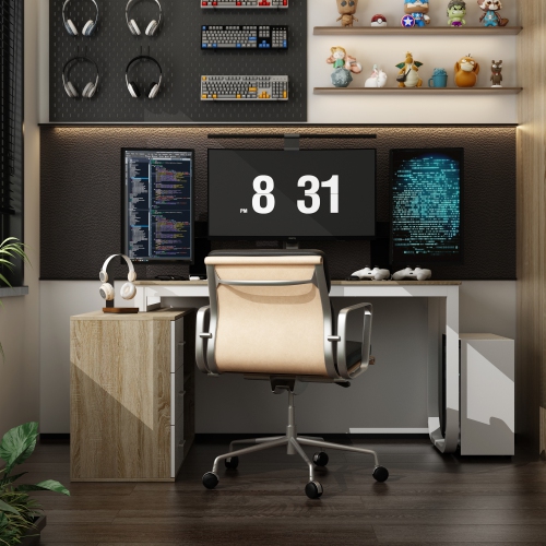 Famapy L-Shaped Office Desk with Storage Shelves & Drawers, Modern Computer Desk with Open Shelving for Home Office, White and Oak