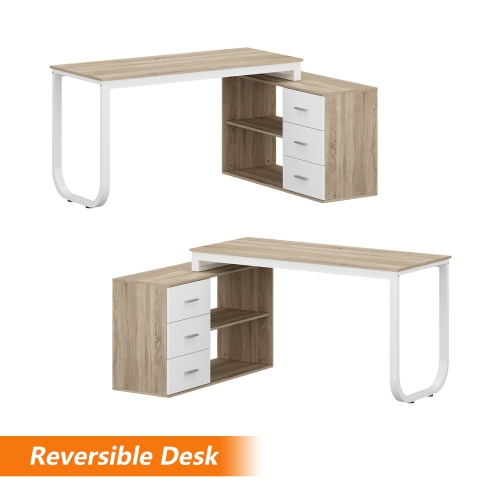 Famapy L-Shaped Office Desk with Storage Shelves & Drawers, Modern Computer Desk with Open Shelving for Home Office, White and Oak