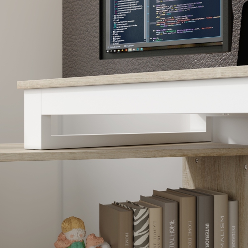 Famapy L-Shaped Office Desk with Storage Shelves & Drawers, Modern Computer Desk with Open Shelving for Home Office, White and Oak