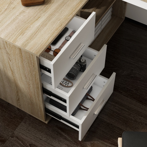 Famapy L-Shaped Office Desk with Storage Shelves & Drawers, Modern Computer Desk with Open Shelving for Home Office, White and Oak