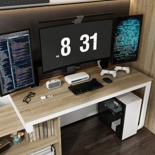 Famapy L-Shaped Office Desk with Storage Shelves & Drawers, Modern Computer Desk with Open Shelving for Home Office, White and Oak