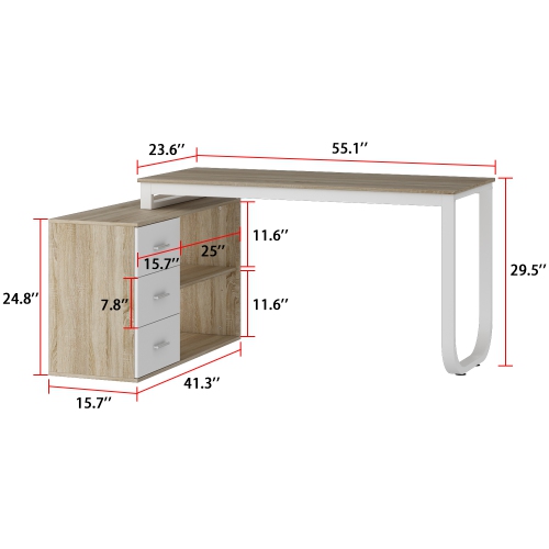 Famapy L-Shaped Office Desk with Storage Shelves & Drawers, Modern Computer Desk with Open Shelving for Home Office, White and Oak
