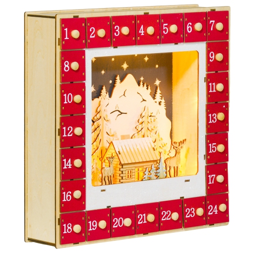 Calendrier de l'avent de Noël HOMCOM, décoration des Fêtes en bois lumineuse avec 24 tiroirs à compte à rebours et lumières DEL pour enfants et adult