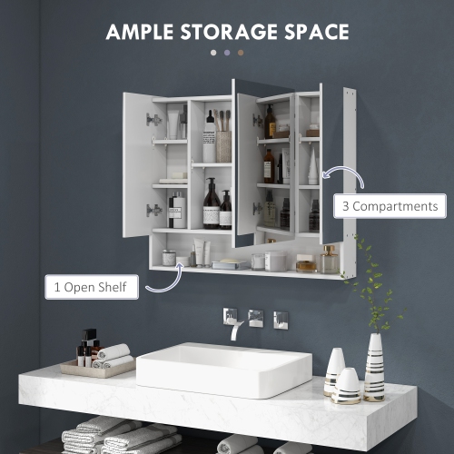 Armoire miroir de salle de bain kleankin, armoire à pharmacie murale avec tablettes réglables, armoire de rangement à 3 portes, blanc