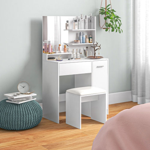 HOMCOM – Coiffeuse avec tabouret, coiffeuse de maquillage avec miroir, tiroir, armoire et tablette ajustable, table de rangement pour chambre à