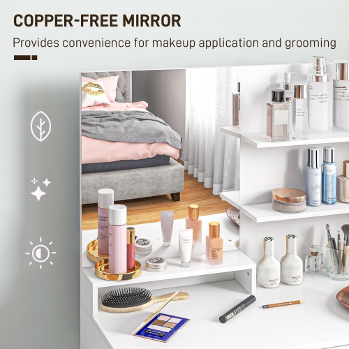 HOMCOM – Coiffeuse avec tabouret, coiffeuse de maquillage avec miroir, tiroir, armoire et tablette ajustable, table de rangement pour chambre à