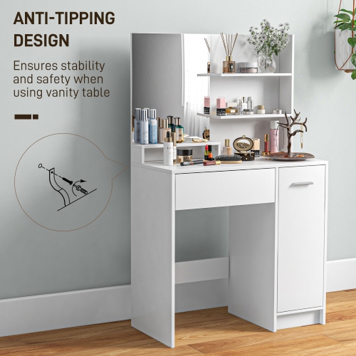 HOMCOM – Coiffeuse avec tabouret, coiffeuse de maquillage avec miroir, tiroir, armoire et tablette ajustable, table de rangement pour chambre à