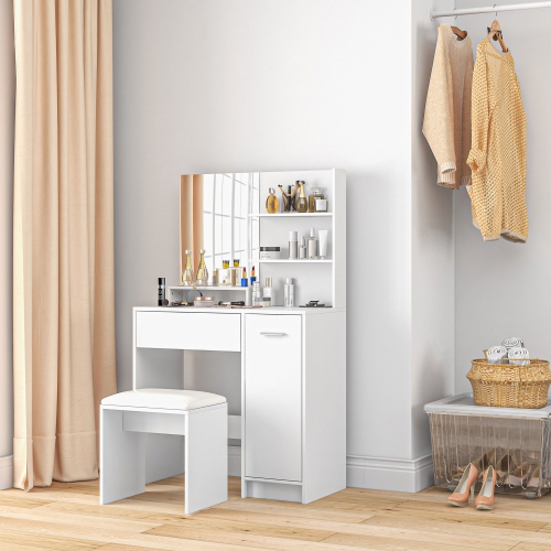HOMCOM – Coiffeuse avec tabouret, coiffeuse de maquillage avec miroir, tiroir, armoire et tablette ajustable, table de rangement pour chambre à
