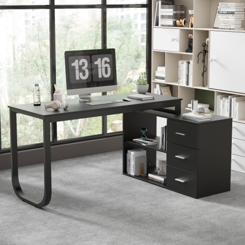 Famapy L-Shaped Office Desk with Storage Shelves & Drawers, Modern Computer Desk with Open Shelving for Home Office, Black