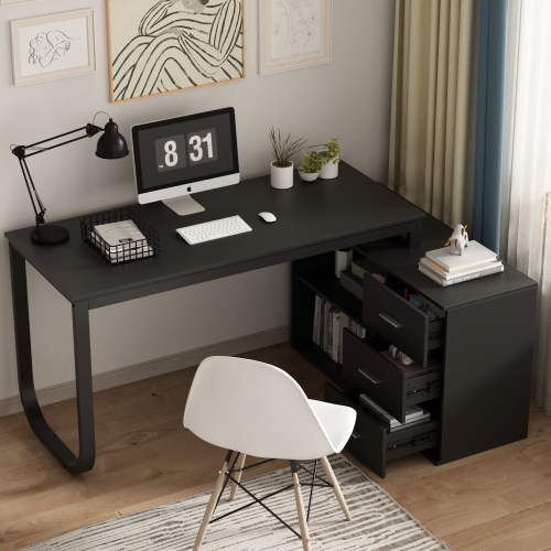 Famapy L-Shaped Office Desk with Storage Shelves & Drawers, Modern Computer Desk with Open Shelving for Home Office, Black