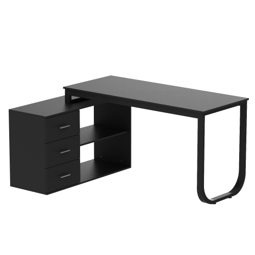 Famapy L-Shaped Office Desk with Storage Shelves & Drawers, Modern Computer Desk with Open Shelving for Home Office, Black