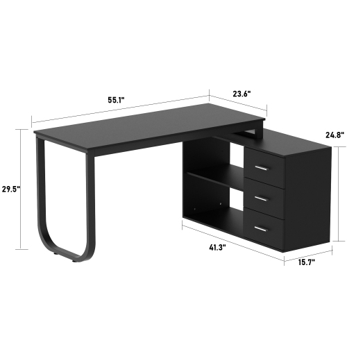 Famapy L-Shaped Office Desk with Storage Shelves & Drawers, Modern Computer Desk with Open Shelving for Home Office, Black