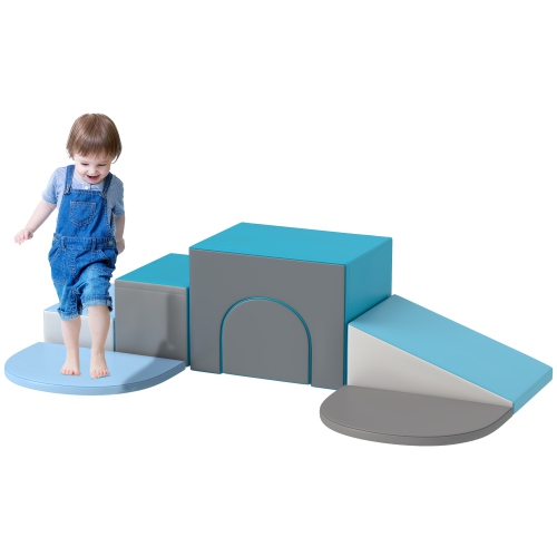 Qaba 7-piece Soft Play, Foam Climbing Blocks for Toddlers, Kids' Educational Climbing Crawling Toys, Kids Foam Play Set Stairs and Ramp, Blue/Grey