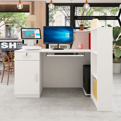 Famapy L-Shaped Reception Desk with Storage Shelves, Lockable Drawer, and Cabinet for Office, White