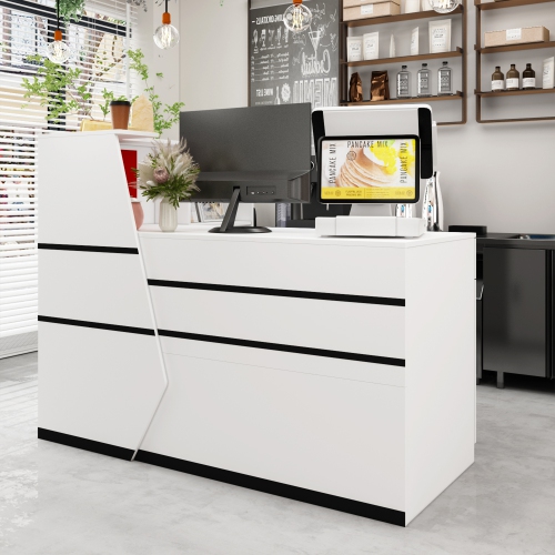 Famapy L-Shaped Reception Desk with Storage Shelves, Lockable Drawer, and Cabinet for Office, White