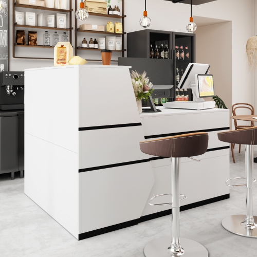 Famapy L-Shaped Reception Desk with Storage Shelves, Lockable Drawer, and Cabinet for Office, White