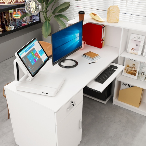 Famapy L-Shaped Reception Desk with Storage Shelves, Lockable Drawer, and Cabinet for Office, White