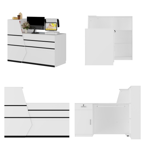 Famapy L-Shaped Reception Desk with Storage Shelves, Lockable Drawer, and Cabinet for Office, White