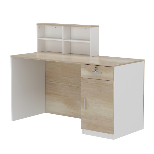 FAMAPY  " Modern L-Shaped Computer Desk With Hutch And Storage Cabinet, Lockable Drawer, (55.1"" L X 23.6"" W X 63.3"" H) & Oak" In White