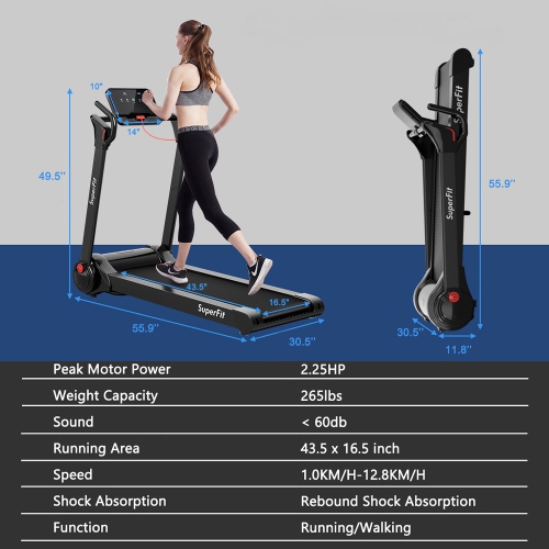 SuperFit 2.25HP Electric Folding Treadmill, Installation-Free Design w/ 8-Stage Damping System, Large LED Touch Display and Bluetooth Speaker,