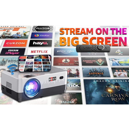 Boss Portable Outdoor Projector Bluetooth Mini Projector with Screen – Built-In Speaker, Cooling System, Internet Ready, 3D-Ready, Wireless, 1080p