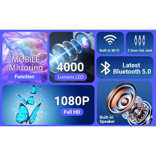 Boss Portable Outdoor Projector Bluetooth Mini Projector with Screen – Built-In Speaker, Cooling System, Internet Ready, 3D-Ready, Wireless, 1080p